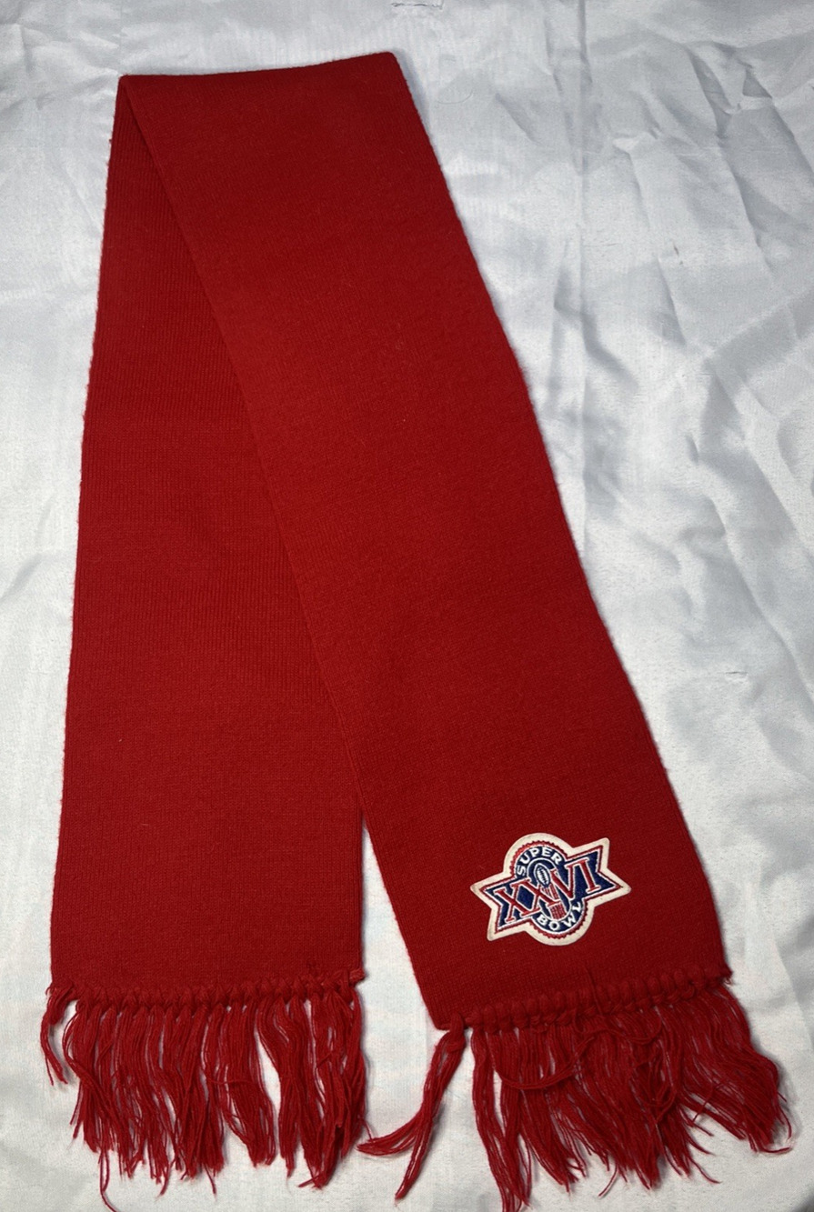 Vintage Superbowl XXVI 26 Red Scarf 7.5" X 50" Redskins v. Bills 1992 Metrodome